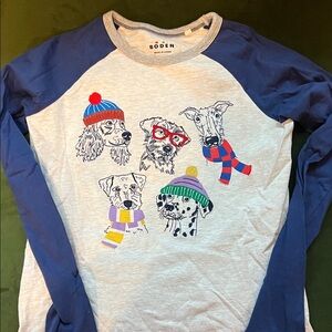 Boden Blue and Gray Dog Graphic Long Sleeve Baseball Shirt